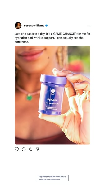 A 9:16 vertical social media ad featuring a well-known personality holding a daily skin hydration capsule bottle to provide authentic social proof.